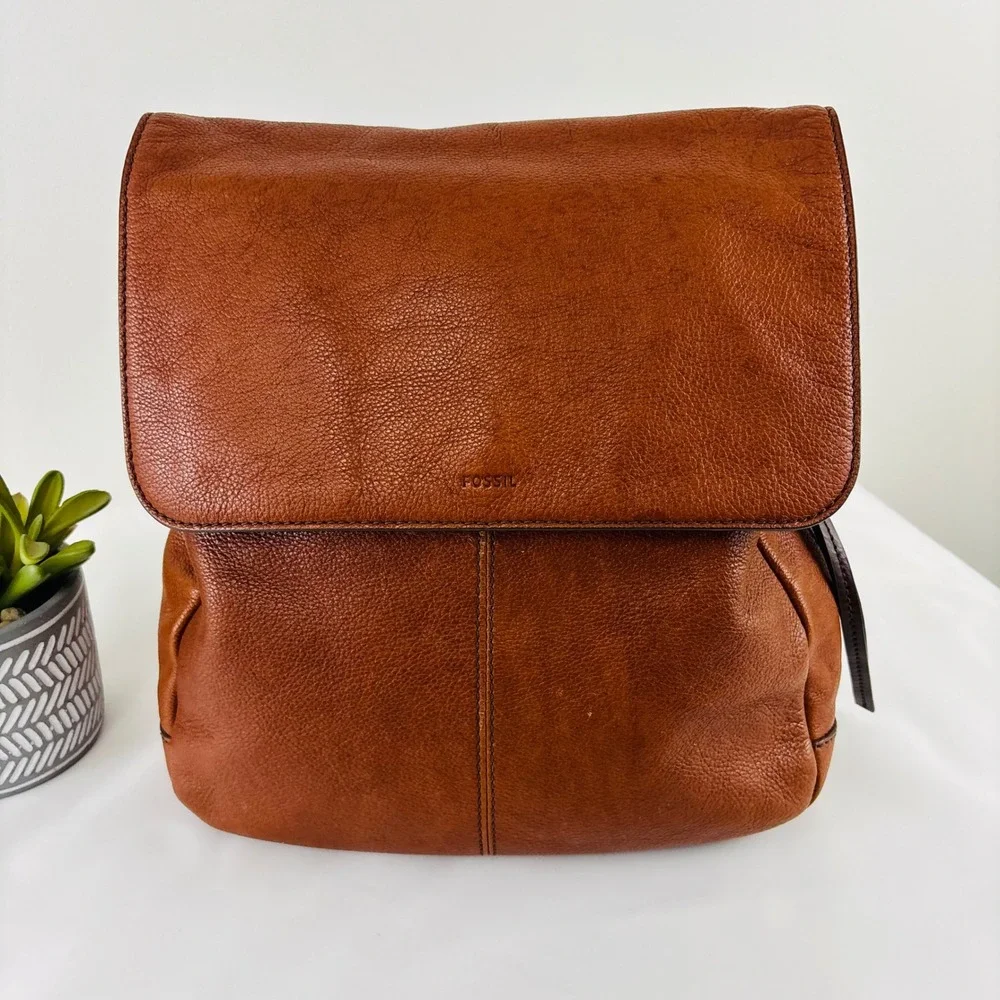 Fossil Claire Brandy Brown Leather Backpack Adjustable Straps - Picture 2 of 14
